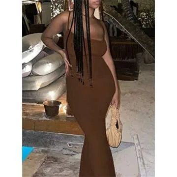 Mylleure Women's Casual Solid Color Slip Long Dress Sexy Sleeveless Bodycon Maxi Dresses Spaghetti Strap Cami Sundress Elegant Party Club Streetwear
