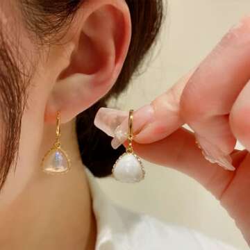 Sonateomber White Pearl Ball Drop Dangle Gold Hoop Huggie Earrings for Women Small Cute Ab Marble Triangle Earing Dangling Hypoallergenic Prom Fashion Jewelry Gift