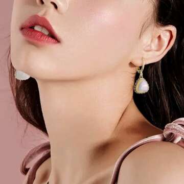 Sonateomber White Pearl Ball Drop Dangle Gold Hoop Huggie Earrings for Women Small Cute Ab Marble Triangle Earing Dangling Hypoallergenic Prom Fashion Jewelry Gift