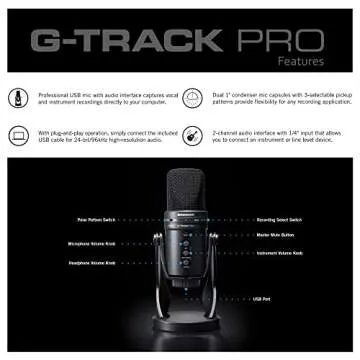 Samson G-Track Pro USB 24-bit Studio Condenser Mic with Audio Interface Bundle Professional Stereo Headphones + Pop Filter + Cloth (4 Items)