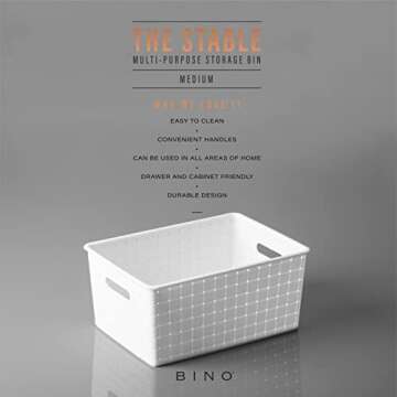BINO Plastic Basket, Medium - White, Rectangular Cabinet Organizer, Multi-Use Storage Basket, Drawer...