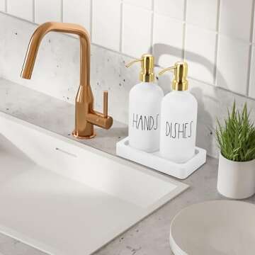 Luxury Gold Soap Dispenser for Kitchen Sink by Brighter Barns - White Glass Kitchen Soap Dispenser Set with Tray, Stainless Steel Pump - Modern Farmhouse Decor, White and Gold Kitchen Accessories