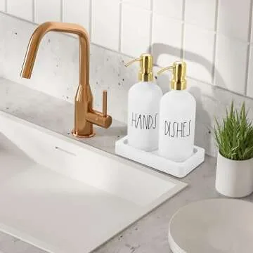 Luxury Gold Soap Dispenser for Kitchen Sink by Brighter Barns - White Glass Kitchen Soap Dispenser Set with Tray, Stainless Steel Pump - Modern Farmhouse Decor, White and Gold Kitchen Accessories