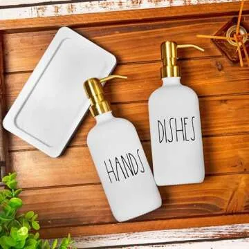Luxury Gold Soap Dispenser for Kitchen Sink by Brighter Barns - White Glass Kitchen Soap Dispenser Set with Tray, Stainless Steel Pump - Modern Farmhouse Decor, White and Gold Kitchen Accessories