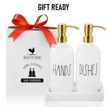 Luxury Gold Soap Dispenser for Kitchen Sink by Brighter Barns - White Glass Kitchen Soap Dispenser Set with Tray, Stainless Steel Pump - Modern Farmhouse Decor, White and Gold Kitchen Accessories