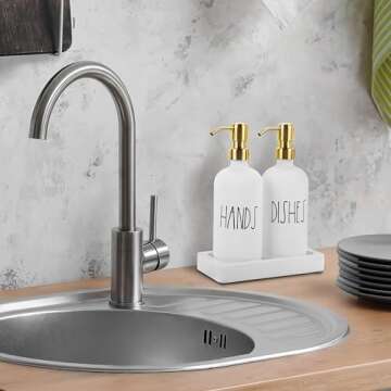 Luxury Gold Soap Dispenser for Kitchen Sink by Brighter Barns - White Glass Kitchen Soap Dispenser Set with Tray, Stainless Steel Pump - Modern Farmhouse Decor, White and Gold Kitchen Accessories