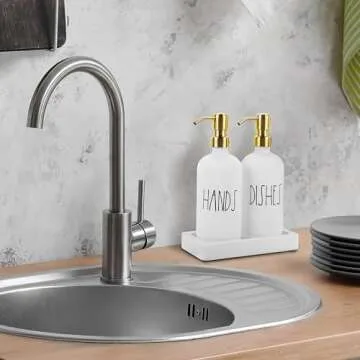 Luxury Gold Soap Dispenser for Kitchen Sink by Brighter Barns - White Glass Kitchen Soap Dispenser Set with Tray, Stainless Steel Pump - Modern Farmhouse Decor, White and Gold Kitchen Accessories