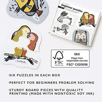 Wee Gallery Pets Beginner Puzzle Set - Jigsaw Puzzles for Toddlers - Sensory Toys Promoting Cognitive & Motor Development - Sustainable Learning Toys for Toddler, Young Kids (12 Pieces, 6 Puzzles)