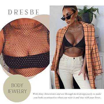 DRESBE Rhinestone Mesh Body Chains Hollow Tank Tops Bikini Crop Top New Year Eve Party Body Jewelry Accessories for Women (Black-O Neck-S)