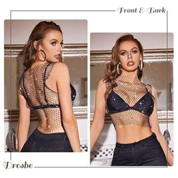 DRESBE Rhinestone Mesh Body Chains Hollow Tank Tops Bikini Crop Top New Year Eve Party Body Jewelry Accessories for Women (Black-O Neck-S)