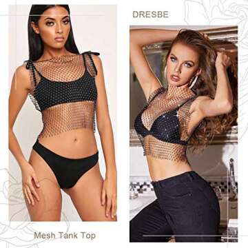 DRESBE Rhinestone Mesh Body Chains Hollow Tank Tops Bikini Crop Top New Year Eve Party Body Jewelry Accessories for Women (Black-O Neck-S)