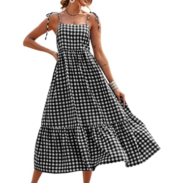 PRETTYGARDEN Women's Black Plaid Spaghetti Strap Maxi Dress