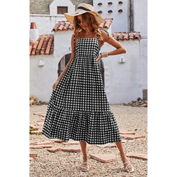 PRETTYGARDEN Women's Black Plaid Spaghetti Strap Maxi Dress