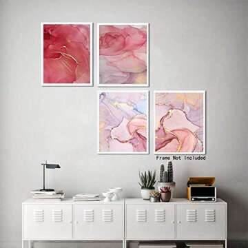 Modern Abstract Marbled Pink Art Prints Beautiful Colorful Golden Petals Ink Canvas Painting Wall Ar...