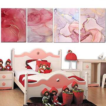 Modern Abstract Marbled Pink Art Prints Beautiful Colorful Golden Petals Ink Canvas Painting Wall Art Scandinavian Decoration Picture 11"x17" Unframed Set of 4 Prints