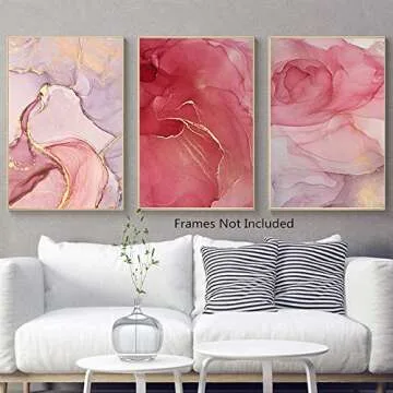 Modern Abstract Marbled Pink Art Prints Beautiful Colorful Golden Petals Ink Canvas Painting Wall Art Scandinavian Decoration Picture 11"x17" Unframed Set of 4 Prints