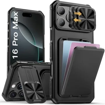 SSLOTSCASE for iPhone 16 Pro Max Case with Card Holder & Kickstand & Slide Camera Lens Cover, Silico...