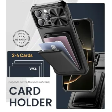 SSLOTSCASE for iPhone 16 Pro Max Case with Card Holder & Kickstand & Slide Camera Lens Cover, Silicone Edge Protection Rugged Heavy Duty Phone Case Cover for iPhone 16 Pro Max 6.9'' 5G, Black