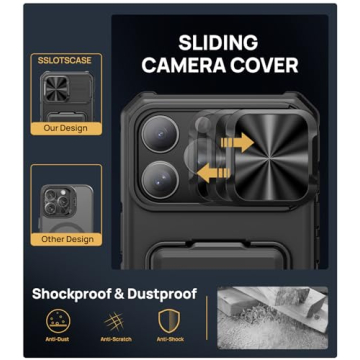 SSLOTSCASE for iPhone 16 Pro Max Case with Card Holder & Kickstand & Slide Camera Lens Cover, Silicone Edge Protection Rugged Heavy Duty Phone Case Cover for iPhone 16 Pro Max 6.9'' 5G, Black