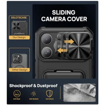 SSLOTSCASE for iPhone 16 Pro Max Case with Card Holder & Kickstand & Slide Camera Lens Cover, Silicone Edge Protection Rugged Heavy Duty Phone Case Cover for iPhone 16 Pro Max 6.9'' 5G, Black