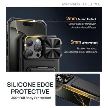 SSLOTSCASE for iPhone 16 Pro Max Case with Card Holder & Kickstand & Slide Camera Lens Cover, Silicone Edge Protection Rugged Heavy Duty Phone Case Cover for iPhone 16 Pro Max 6.9'' 5G, Black