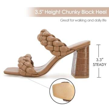 Syktkmx Women's Braided Heeled Sandals Backless Square Open Toe Block Slide Sandals, Light Brown, Si...