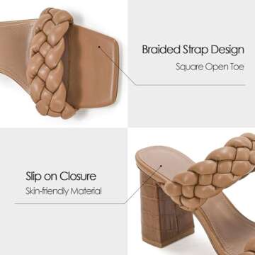 Syktkmx Women's Braided Heeled Sandals Backless Square Open Toe Block Slide Sandals, Light Brown, Size 5.5
