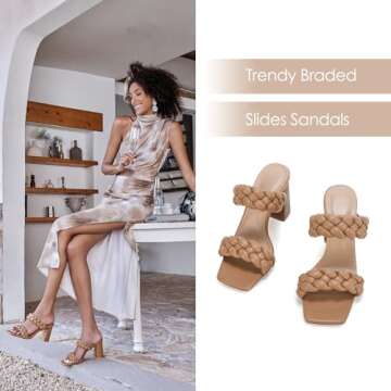 Syktkmx Women's Braided Heeled Sandals Backless Square Open Toe Block Slide Sandals, Light Brown, Size 5.5