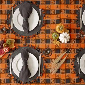 DII Halloween Party Tabletop Decor, Reusable & Machine Washable Cotton Fabric, Tablecloth, 60x84, Orange & Black Buffalo Check