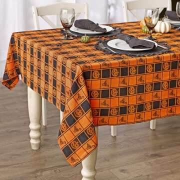 DII Halloween Party Tabletop Decor, Reusable & Machine Washable Cotton Fabric, Tablecloth, 60x84, Orange & Black Buffalo Check