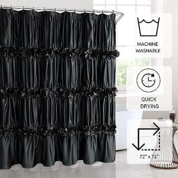 Homechoice Decor Black Ruffle Shower Curtain, Vintage Handcrafted Bow Tie Bath Curtain for Master Bathroom, Ruched Satin Bathroom Curtain with 12 Buttonholes, 72" W x 72" H (LQ-10)