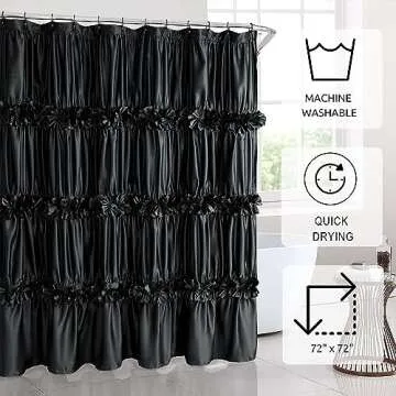 Homechoice Decor Black Ruffle Shower Curtain, Vintage Handcrafted Bow Tie Bath Curtain for Master Bathroom, Ruched Satin Bathroom Curtain with 12 Buttonholes, 72" W x 72" H (LQ-10)