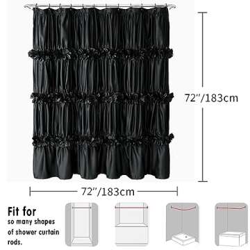 Homechoice Decor Black Ruffle Shower Curtain, Vintage Handcrafted Bow Tie Bath Curtain for Master Bathroom, Ruched Satin Bathroom Curtain with 12 Buttonholes, 72" W x 72" H (LQ-10)