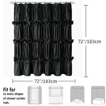 Homechoice Decor Black Ruffle Shower Curtain, Vintage Handcrafted Bow Tie Bath Curtain for Master Bathroom, Ruched Satin Bathroom Curtain with 12 Buttonholes, 72" W x 72" H (LQ-10)