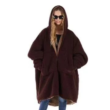 THE COMFY Teddy Bear Full Zip | Reversible Sherpa Lined Wearable Blanket with Full Length Zipper, Oversized Design with Hood and Pocket, From Shark Tank, for Women & Men, Warm and Cozy Gifts