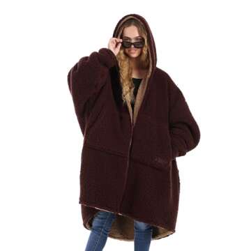 THE COMFY Teddy Bear Full Zip | Reversible Sherpa Lined Wearable Blanket with Full Length Zipper, Oversized Design with Hood and Pocket, From Shark Tank, for Women & Men, Warm and Cozy Gifts