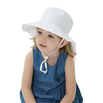 Baby Girl Sun Hat Summer Beach Hats with UPF 50+ Toddler Infant with Wide Brim Strap Outdoor Bucket Hat 2 Pack White/Pink 0-6 Months