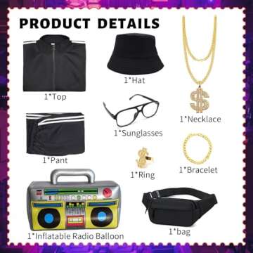 Deaboat 90s Outfit for Men 80s Costumes for Men Halloween Costumes Tracksuit Casual Mens Track Suits Festival Outfit 9Pcs Black 2XL