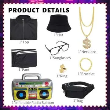 Deaboat 90s Outfit for Men 80s Costumes for Men Halloween Costumes Tracksuit Casual Mens Track Suits Festival Outfit 9Pcs Black 2XL