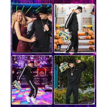 Deaboat 90s Outfit for Men 80s Costumes for Men Halloween Costumes Tracksuit Casual Mens Track Suits Festival Outfit 9Pcs Black 2XL