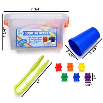 Legato Counting/Sorting Bears; 60 Rainbow Colored Bears, 6 Stacking Cups, Kids Tweezers, Storage Container, and Activity eBook. Quality Educational Toy, Good for STEM and Montessori Programs.
