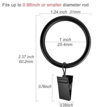 40 Pack Curtain Rings with Clips Hooks 1 inch Rustproof Matte Metal Stainless Steel Drapery Rings fo...