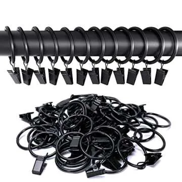 40 Pack Curtain Rings with Clips Hooks 1 inch Rustproof Matte Metal Stainless Steel Drapery Rings for Tension Rod Bracket Eyelets Decorative Hangers, Black (1" Interior Diameter)