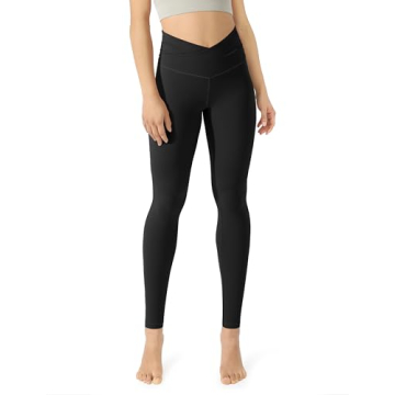ODODOS Women's Cross Waist Full Length Yoga Leggings with Inner Pocket, Inseam 28" Gathered Crossover Workout Yoga Pants, Black, Large