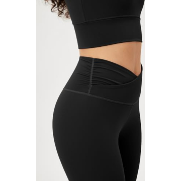 ODODOS Women's Cross Waist Full Length Yoga Leggings with Inner Pocket, Inseam 28" Gathered Crossover Workout Yoga Pants, Black, Large