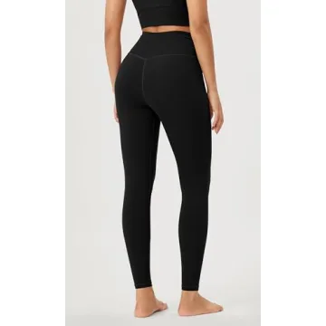 ODODOS Women's Cross Waist Full Length Yoga Leggings with Inner Pocket, Inseam 28" Gathered Crossover Workout Yoga Pants, Black, Large