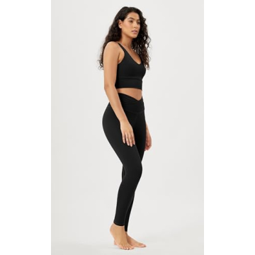 ODODOS Women's Cross Waist Full Length Yoga Leggings with Inner Pocket, Inseam 28" Gathered Crossover Workout Yoga Pants, Black, Large