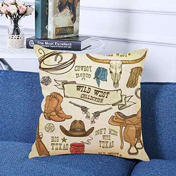 Ofocam Throw Pillow Cover Western Wild West Collection Cowboy Stuff Texas Rodeo Hat Longhorn Decorat...