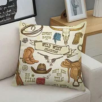 Ofocam Throw Pillow Cover Western Wild West Collection Cowboy Stuff Texas Rodeo Hat Longhorn Decorative Throw Pillow Cushion Case for Home Couch Living Room Bed Sofa Car 18 x 18 Inches Pillowcase