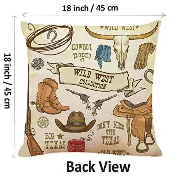 Ofocam Throw Pillow Cover Western Wild West Collection Cowboy Stuff Texas Rodeo Hat Longhorn Decorative Throw Pillow Cushion Case for Home Couch Living Room Bed Sofa Car 18 x 18 Inches Pillowcase